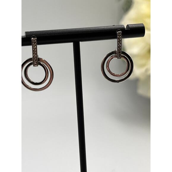 Designer Sterling Silver Pave White Sapphire Double Hoop Pierced Earrings - Picture 3 of 8